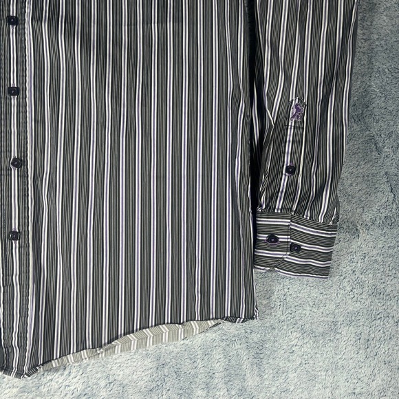 Bugatchi Uomo Mens Shaped Fit Button Down Shirt Black Purple Striped Long Sleeve - Picture 6 of 16